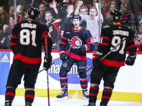 Jake Sanderson of the Ottawa Senators celebrates his second-period goal against the Philadelphia Flyers.