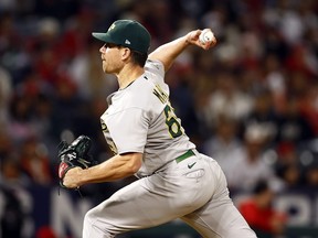 Trevor May of the Oakland Athletics throws against the Los Angeles Angels.