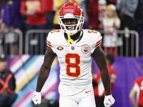 Justyn Ross of the Kansas City Chiefs celebrates after a play against the Minnesota Vikings.