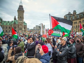 A large group of people came together on Parliament Hill to rally in support of Palestinians during the Ottawa United for Gaza protest, Sunday, Oct. 29, 2023.