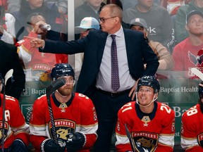Head coach Paul Maurice of the Florida Panthers directs the players during third period action against the Boston Bruins in Game 6 of the First Round of the 2023 Stanley Cup Playoffs at the FLA Live Arena on April 28, 2023 in Sunrise, Fla.