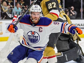 Connor McDavid #97 of the Edmonton Oilers reacts after scoring a short-handed goal against the Vegas Golden Knights in the first period of Game Two of the second round of the 2023 Stanley Cup Playoffs at T-Mobile Arena on May 6, 2023 in Las Vegas, Nevada.