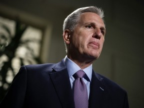 Speaker of the House Kevin McCarthy (R-CA) talks to reporters following a House Republican conference meeting in the U.S. Capitol on October 03, 2023 in Washington, DC.