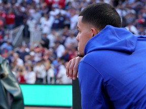 Jose Berrios of the Toronto Blue Jays looks on after being defeated by the Minnesota Twins in Game 2 of the AL wild-card series at Target Field on October 04, 2023.