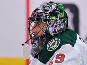A detail of Marc-Andre Fleury of the Minnesota Wild mask against the Chicago Blackhawks during the second period of a preseason game at the United Center on October 05, 2023 in Chicago, Illinois.