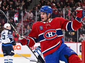 Canadiens' Sean Monahan celebrates his goal during the second period against the Winnipeg Jets at the Bell Centre on Saturday, Oct. 28, 2023, in Montreal.