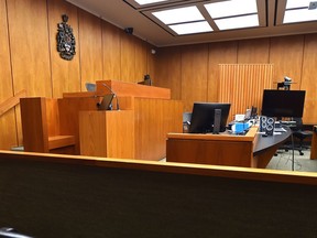 Stock image of the inside of an Edmonton Court of King's Bench courtroom.