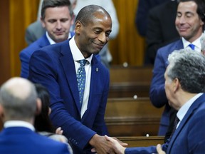 Candidate for Speaker and member of Parliament Greg Fergus shakes hands after delivering a speech in the House of Commons prior to voting on Parliament Hill in Ottawa on Tuesday, Oct. 3, 2023.