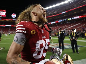 George Kittle of the San Francisco 49ers reacts after a 42-10 victory against the Dallas Cowboys at Levi's Stadium on Oct. 8, 2023 in Santa Clara, Calif.