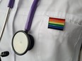 Doctor stethoscope and rainbow flag icon symbol of LGBTQ pride.
