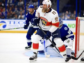 Joe Thornton of the Florida Panthers crowds the crease during a game against the Tampa Bay Lightning at Amalie Arena on October 19, 2021 in Tampa.