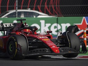 Charles Leclerc steers his Ferrari during qualifying for the Formula One Mexico Grand Prix at the Hermanos Rodriguez racetrack in Mexico City, Saturday, Oct. 28, 2023.