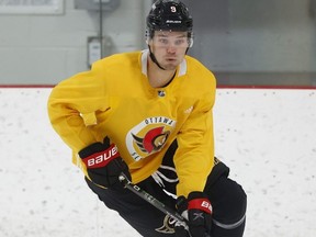 Ottawa Senators forward Josh Norris wears a yellow non-contact jersey during the first day of training camp on Sept. 21, 2023.