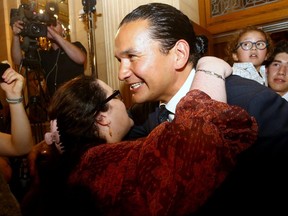 Wab Kinew celebrates at NDP provincial election night headquarters at the Hotel Fort Garry in Winnipeg on Tues., Oct. 3, 2023. KEVIN KING/Winnipeg Sun