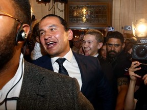 Wab Kinew pushes through the crowd at NDP provincial election night headquarters at the Hotel Fort Garry in Winnipeg to give his victory speech on Tues., Oct. 3, 2023. KEVIN KING/Winnipeg Sun