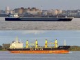 This combination of pictures created on October 24, 2023 shows grabs taken on October 24, 2023 from undated videos showing the Verity cargo ship (top) and the Polesie cargo ship in Hamburg, northern Germany. Several people are missing after a collision between two cargo ships, the Verity sailing under a British flag, and the Polesie under a Bahamas flag, in the North Sea, with the Verity is believed to have sunk, German authorities said on Tuesday, October 24, 2023.