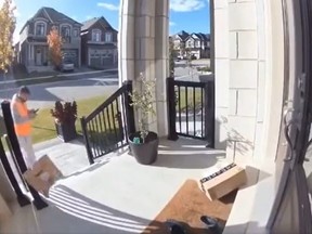 Screenshot of Amazon delivery man hurling packages onto porch.