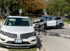 Two bullet holes can be seen in the windshield of a stolen white SUV involved in a two-vehicle crash at Huron and North streets in Clinton on Wednesday, Oct. 18, 2023. A man inside the SUV was injured when he was shot before the crash by an OPP officer in Seaforth, the Special Investigations Unit says. (Scott Nixon/Postmedia)