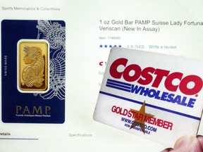 A Costco webpage featuring a one-ounce Gold Bar PAMP Suisse Lady Fortuna Veriscan, and a Costco membership card, are shown in this photo, in New York, Wednesday, Oct. 4, 2023.