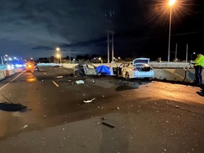 The OPP posted this image on X after two people died in a four-vehicle crash on the QEW in Mississauga Sunday morning.