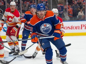 Raphael Lavoie (62) of the Edmonton Oilers, against the Calgary Flames at Rogers Place in Edmonton on Oct. 4, 2023. The first period ended at 2-2. Photo by Shaughn Butts-Postmedia