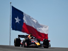 Red Bull's Max Verstappen races during the 2023 United States Grand Prix at the Circuit of the Americas in Austin, Texas, on October 22, 2023.