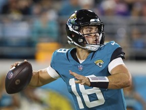 Jacksonville Jaguars quarterback Nathan Rourke prepares to throw during an NFL pre-season football game on Aug. 26, 2023.