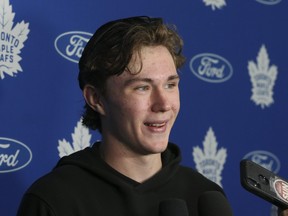 Fraser Minten speaks to reporters during the Toronto Maple Leafs Development Camp at the Ford Performance Centre.