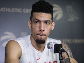 The Raptors' Danny Green speaks to the media after practice on Monday.