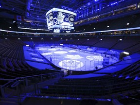 An empty Scotiabank Arena on opening night in 2021 during COVID restrictions. The restrictions have been lifted, but the arena is still incredibly quiet, Jack Todd writes.