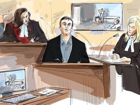 Justice Renee Pomerance, left to right, Nathaniel Veltman, and Crown attorney Jennifer Moser are seen in court in London, Ont., in a courtroom sketch made Wednesday, Oct. 18, 2023.