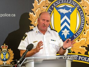 Sault Ste. Marie Police Chief Hugh Stevenson provides an update during a media availability in Sault Ste. Marie, Ont., on Wednesday, October 25, 2023.