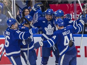 Toronto Maple Leafs Auston Matthews celebrates his hat trick goal against the Montreal Canadiens in 3rd period action during the home opener at the Scotiabank Arena in Toronto on Wednesday October 11, 2023.