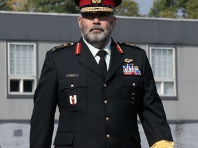 Lt.-Gen. Steven Whelan makes his way to a court martial proceedings, Thursday, September 28, 2023 in Gatineau, Que. The Canadian military has withdrawn the one remaining conduct charge against Whelan, ending the court martial that was slated to run the rest of the week.