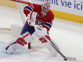 Canadiens goaltender Cayden Primeau has a 1-1-0 record with a 2.95 goals-against average and a .903 save percentage this season.