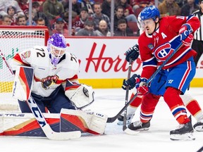 Montreal Canadiens' Brendan Gallagher waits for a rebound as Florida Panthers goalie Sergei Bobrovsky makes a save during the third period of National Hockey League game in Montreal Thursday Nov. 30, 2023.