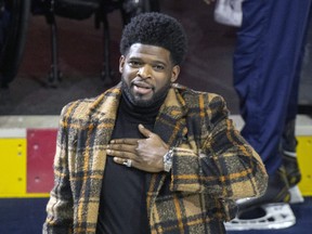 Former Montreal Canadien PK Subban acknowledges fans during a tribute to his career.