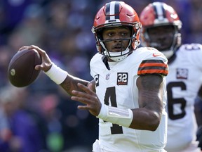 Cleveland Browns quarterback Deshaun Watson passes against the Baltimore Ravens.