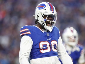 Shaq Lawson of the Buffalo Bills celebrates after recording a sack in the first quarter against the New York Jets.