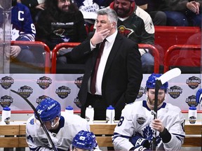 Toronto's head coach Sheldon Keefe reacts during the NHL Global Series Sweden ice hockey match between Toronto Maple Leafs and Minnesota Wild.