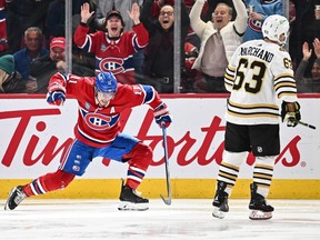 Canadiens' Brendan Gallagher celebrates his goal during against the Boston Bruins at the Bell Centre on Saturday, Nov. 11, 2023, in Montreal. The Canadiens defeated the Boston Bruins 3-2 in overtime. They play the Canucks at the Bell Centre on Sunday night.