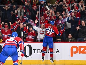 Canadiens' Kaiden Guhle celebrates his overtime goal against the Boston Bruins at the Bell Centre on Saturday, Nov. 11, 2023, in Montreal.