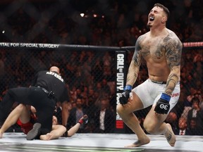 Tom Aspinall of England reacts to defeating Sergei Pavlovich of Russia by TKO in the interim UFC heavyweight championship fight during the UFC 295 event at Madison Square Garden on November 11, 2023 in New York City.