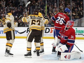 Canadiens goaltender Jake Allen reacts after James van Riemsdyk (21) of the Boston Bruins scored a goal during the third period at TD Garden on Saturday, Nov. 18, 2023, in Boston.