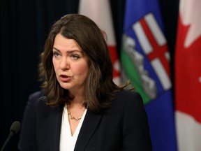 Premier Danielle Smith takes part in a news conference on Monday, Nov. 27, 2023, where she outlined the Alberta Sovereignty Within A United Canada Act motion that she will bring before the Alberta legislature.
