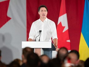 Prime Minister Justin Trudeau speaks during an event with the Ukrainian-Canadian community and Ukraine's President Volodymyr Zelensky, not pictured, in Toronto, Sept. 22, 2023.