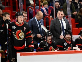 Ottawa Senators head coach D.J. Smith (back R) reacts during the NHL Global Series Ice Hockey match between Detroit Red Wings and Ottawa Senators in Stockholm on November 16, 2023.