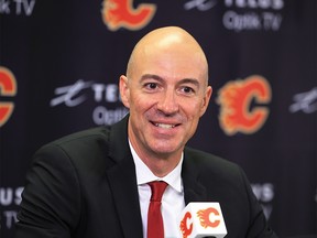 New Calgary Flames head coach Ryan Huska speaks with media at the Scotiabank Saddledome in Calgary on Monday, June 12, 2023.