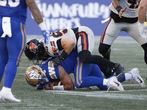 Lions defensive end Mathieu Betts had three sacks of Bombers quarterback Zach Collaros during 30-6 win at Winnipeg on June 22.