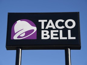 An exterior view shows a sign at a Taco Bell restaurant on March 30, 2020 in Las Vegas, Nevada.